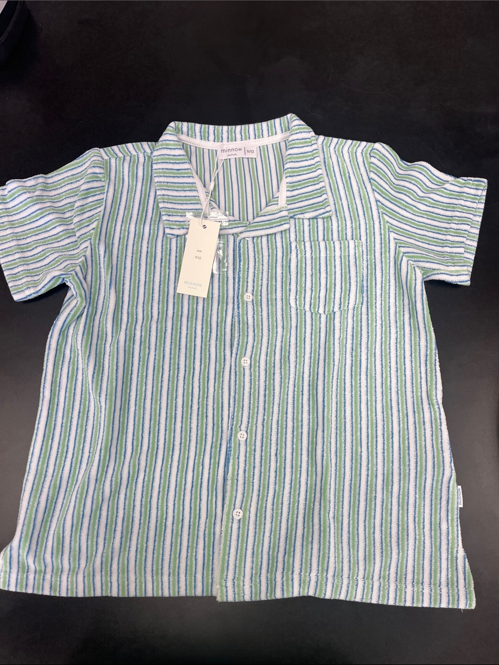 Striped Terry Cloth Button-Up Shirt in Blue, Green & White minnow NWT 11/12y